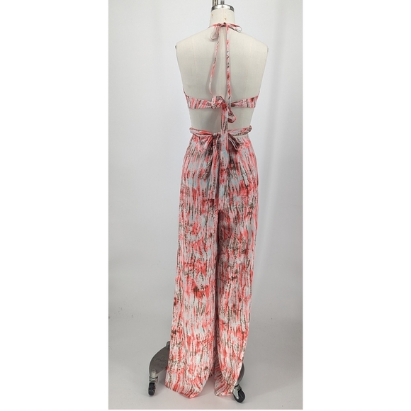 Miss Avenue Printed Chain Waist Wide Leg Jumpsuit Pink White M resortwear retro - Picture 2 of 8